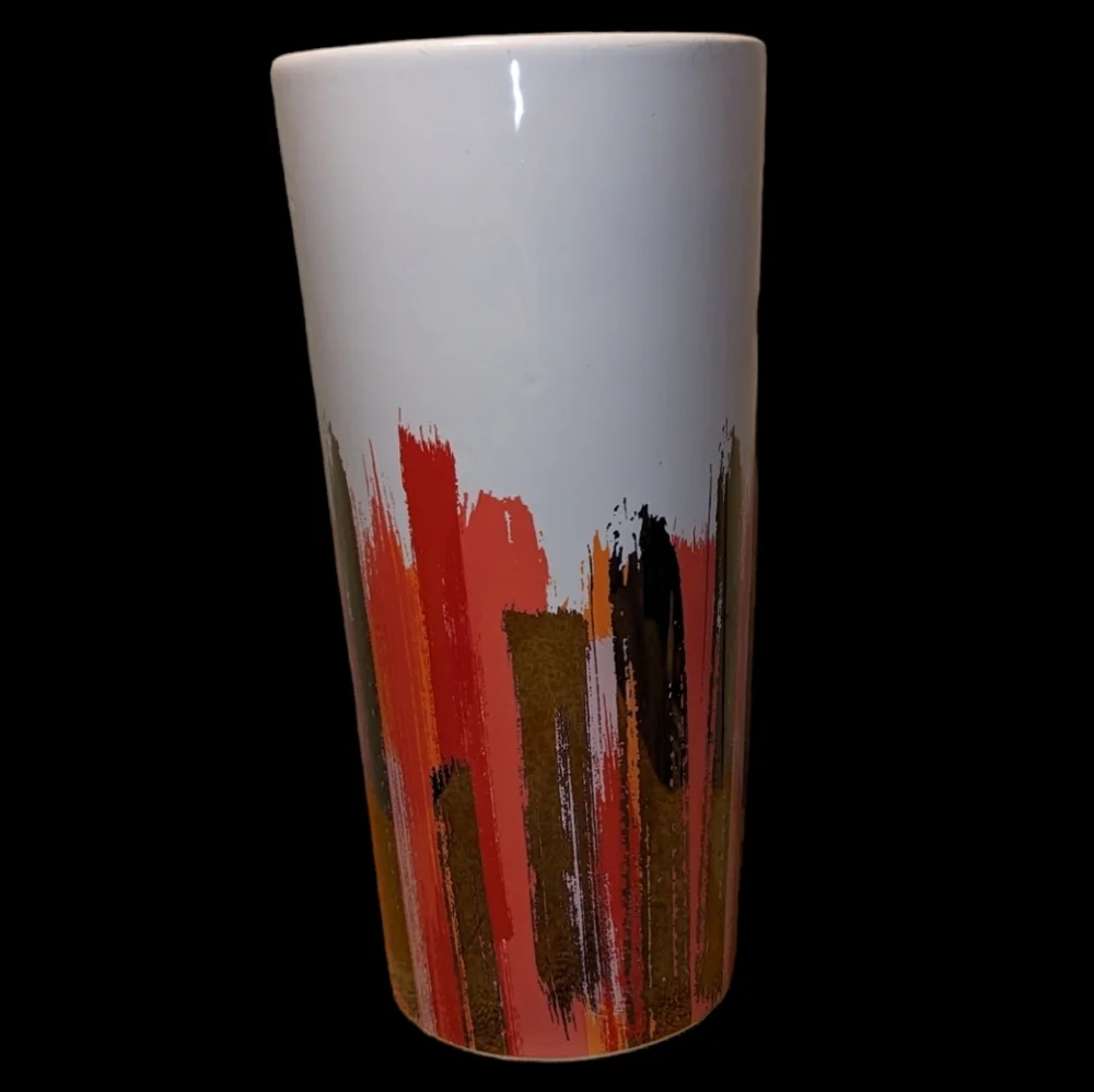 Burton & Burton Ceramic White Red Gold Orange Salmon Pink Tall Brush Stroke Vase